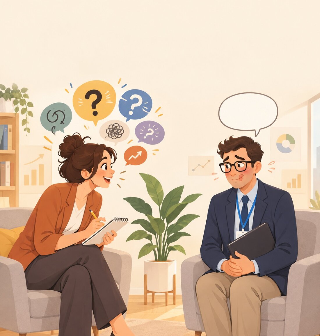 Een illustratie van een interview, met vraagtekens in gedachtewolken boven het hoofd van de geïnterviewde expert