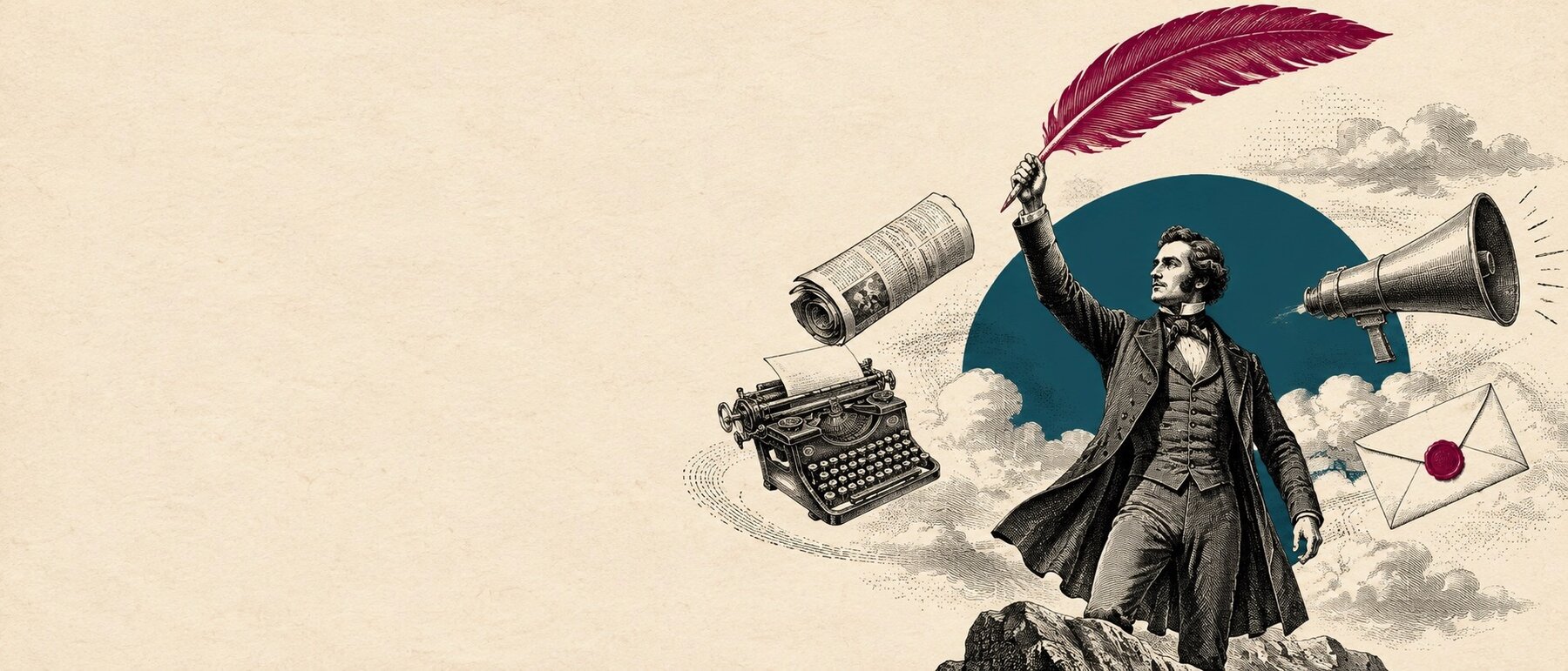 Illustratie van een negentiende-eeuwse schrijver met een grote veer, omringd door een typemachine, megafoon en verzegelde envelope